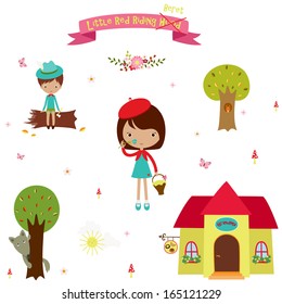 Icons set from the fairy tale Little Red Riding Hood. Cute cartoon elements design over white.