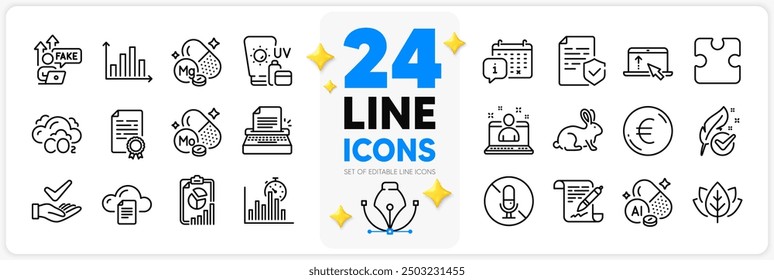 Icons-Set von Fake Internet, Euro-Geld und CO2-Linie Icons Pack für App mit Puzzle, hypoallergen getestet, Bericht Timer dünnen Umriss Symbol. Zertifikat, dermatologisch getestet. Vektorgrafik