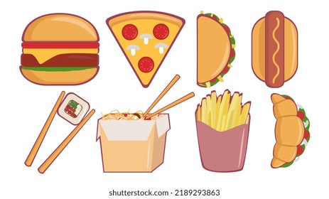 Icons set with fast food. Vector images of not healthy food, street food.