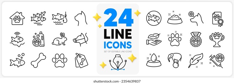 Icons set of Feather, Elephant on ball and Fish line icons pack for app with Dog paw, Pets care, Water bowl thin outline icon. Dog certificate, Pet friendly, Stop fishing pictogram. Vector