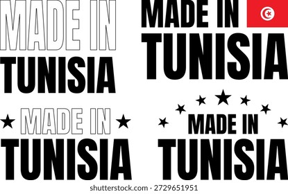 Conjunto de iconos con letra en negrita diciendo Hecho en Túnez con bandera y estrellas