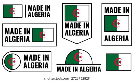 Icons set featuring made in Algeria symbols with national flags and text for product identification