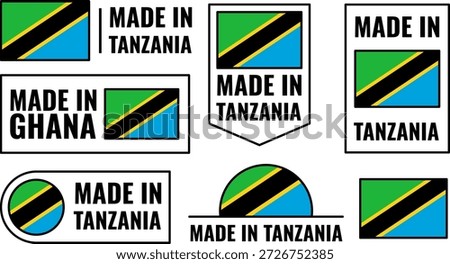 Icons set featuring made in Tanzania and made in Ghana designs with flags