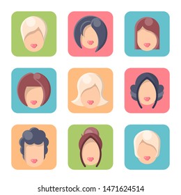 Icons set of female heads with different hairstyles. Flat style vector illustration. Suitable for web or app
