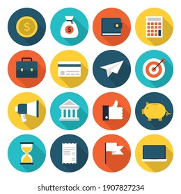 icons set finance and banking elements with long shadow. collection business and money finance sign symbol. vector illustration in flat style modern design.