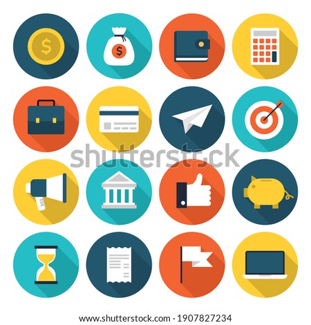 icons set finance and banking elements with long shadow. collection business and money finance sign symbol. vector illustration in flat style modern design.