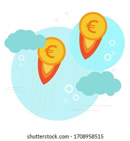 Icons set of finance elements: banking services, currency milestones, financial items, money symbols, currency exchange process. Vector pictogram collection design concept. Euro, dollar, rouble rate