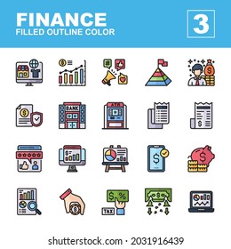 Icons Set of finance, filled outline color style, Contains such of ecommerce, infographic, marketing, achievement, investor, analysis, piggy bank, insurance and more, you can use for web, app and more