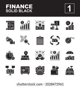Icons Set of finance, glyph solid black style, Contains such of report, auction, protection, infograph, investment, safebox, ingot, money, and more, you can use for web, app and more