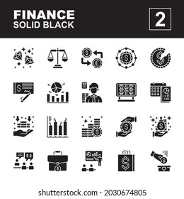 Iconos Conjunto de finanzas, sólido estilo negro, Contiene diamantes, contador, negocios, consulta, caridad, crisis, economía global, préstamo y más, se puede usar para web, app y más