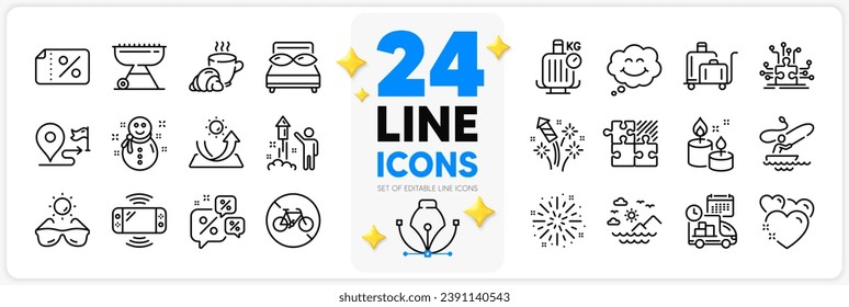 Ikonen Set von Fireworks Explosion, Discount Chat und Sea Berge Linie Icons Pack für App mit Snowman, Fireworks, Grill dünnen Umriss Symbol. Rabattbanner, Reise, Kaffeepause Piktogramm. Vektorgrafik