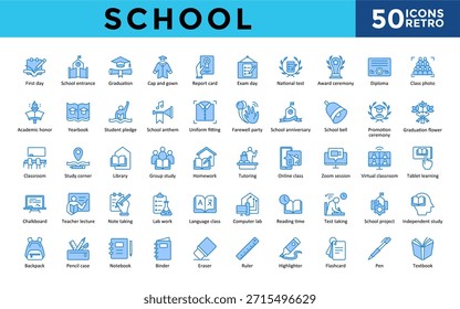  Schulsymbole mit dem ersten Tag, Schuleintritt, Abschluss, Mütze und Kleid, Schulzeugnis, Prüfungstag, nationaler Test, Preisverleihung, Diplom, Klassenfoto-Symbol. Einfache retro-blaue Vektorgrafik 
