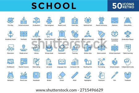  School icons set with first day, school entrance, graduation, cap and gown, report card, exam day, national test, award ceremony, diploma, class photo icon. Simple retro blue vector illustration 

