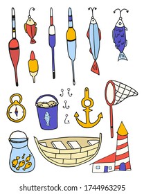 Icons set for fisherman, sailor. Vector shabby hand drawn illustration