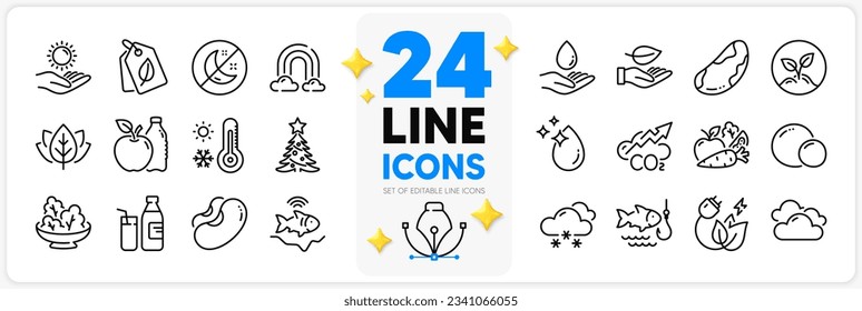 Icons set of Fishfinder, Snow weather and Milk line icons pack for app with Insomnia, Sun protection, Co2 thin outline icon. Startup, Cloudy weather, Organic tested pictogram. Water drop. Vector