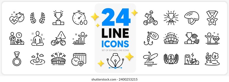 Icons set of Fishing float, Laurel wreath and Bicycle helmet line icons pack for app with Fishing lure, Delivery bike, Cardio training thin outline icon. Cardio calendar, Arena stadium. Vector