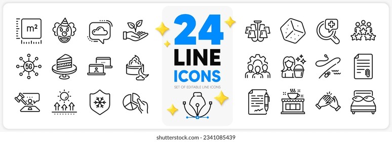 Icons set of Fishing rod, Cake and Cleaning line icons pack for app with Medical analyzes, 5g technology, Night cream thin outline icon. Team work, Chandelier, Sun protection pictogram. Vector