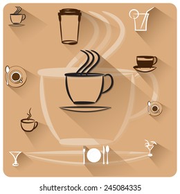 Icons set of flat cup with coffee, tea