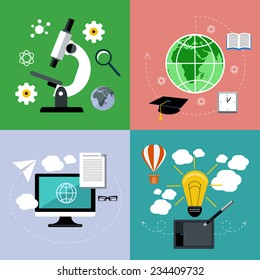 Icons set in flat design for science research, online education, creative thinking and distance learning