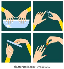 Icons set in flat design style with woman hands that do spa procedures and manicure, eps10 