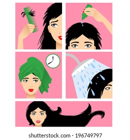 Icons set in flat design style with hair treatment, steps to prevent hair falling 