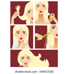 Icons set in flat design style with hair treatment, steps to prevent hair damage 