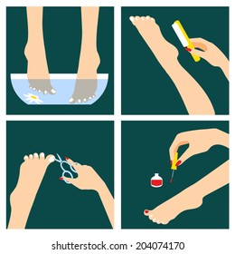 Icons set in flat design style with woman feet that do spa procedures and pedicure, eps10 