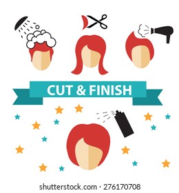 Icons set in flat design style with hair treatment, steps to prevent hair falling.  