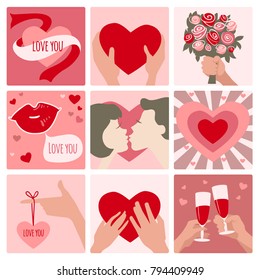 Icons set in flat design style for Valentines Day, vector image