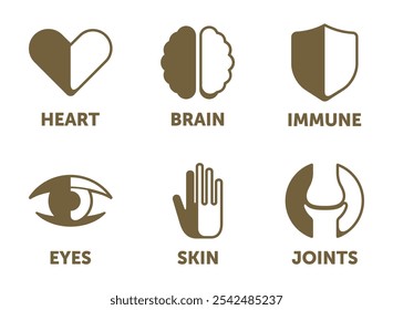 Icons im flachen Stil für Nährstoffzusätze - Omega 3 oder einige Vitamine gesetzt. Unterstützung von Gehirn, Immunsystem, Herz und Augen, Haut und Gelenken