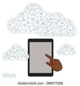 Icons set in flat style on background. Illustration of cloud technology and services. Hand with a tablet. Social media and networking in devices. Demonstration screen tablet for presentation app