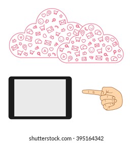 Icons set in flat style on background. Illustration of cloud technology and services. Hand with a tablet. Social media and networking in devices. Demonstration screen tablet for presentation app