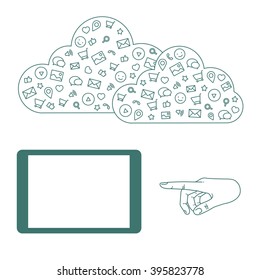 Icons set in flat style on background. Illustration of cloud technology and services. Hand with a tablet. Social media and networking in devices. Demonstration screen tablet for presentation app