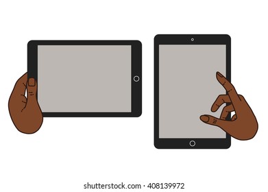 Icons set in flat style on background. Illustration of cloud technology and services. Hand with a tablet. Social media and networking in devices. Demonstration screen tablet for presentation app