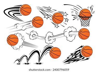 Juego de íconos de baloncesto Flying al estilo cómico. Banner de baloncesto, plantilla de afiche o invitación. Vector en fondo transparente