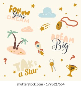 Icons Set Follow Your Dream, Take a Star from Sky. Creative Pattern with Palm Trees, Winner Medal and Bunch of Keys, Golden Goblet, Clouds and Typography Fabric Ornament. Linear Vector Illustration