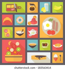 Icons set for food, breakfast, restaurant and menu. Flat design vector