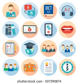 Icons set for foreign language courses and schools. Flat design. Vector illustration