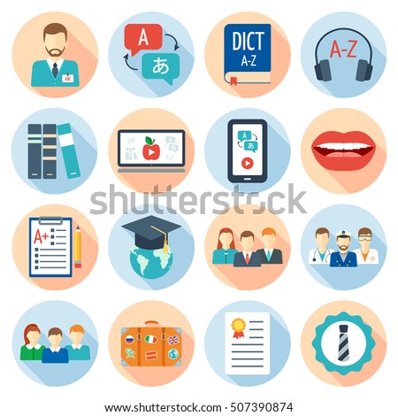 Icons set for foreign language courses and schools. Flat design. Vector illustration