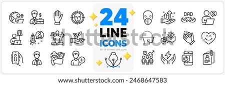 Icons set of Fraud, Startup and Helping hand line icons pack for app with Business statistics, Add person, Medical mask thin outline icon. Safe energy, Face scanning, Analysis graph pictogram. Vector