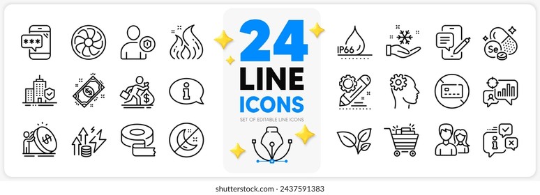 Icons set of Freezing, Information and Phone password line icons pack for app with Insomnia, Info, Project edit thin outline icon. Inflation, Waterproof, Fan engine pictogram. Vector