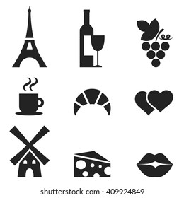 Icons set French Cuisine and culture. Vector black Paris icons set. Isolated object. 