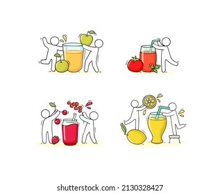 Icons set - Fruit juices in glasses and happy people with apples, berries, lemons, tomatoes. Vector hand drawn illustration of doodle men with fresh fruit drink. Sketch for beverage menu or healthy di