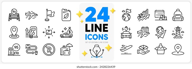 Icons set of Fuel price, Delivery calendar and Petrol station line icons pack for app with Destination flag, Training results, Airplane thin outline icon. Backpack, Delivery service. Vector