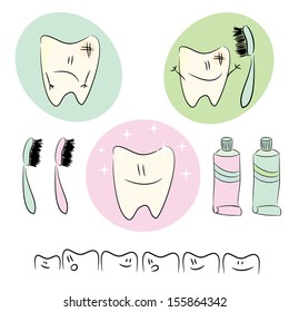 Icons set, fun illustrations on the theme of dental care for children