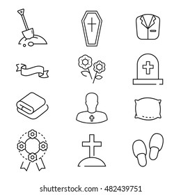 Icons set for funeral agency. Line symbols isolated on white background.