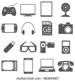 Icons set of gadgets. Joystick, PC, tablet, console, headphones, card, memory, camera, glasses, camera, player, television, telephone, mobile, laptop.