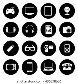 Icons set of gadgets. Joystick, PC, tablet, console, headphones, card, memory, camera, glasses, camera, player, television, telephone, mobile, laptop.