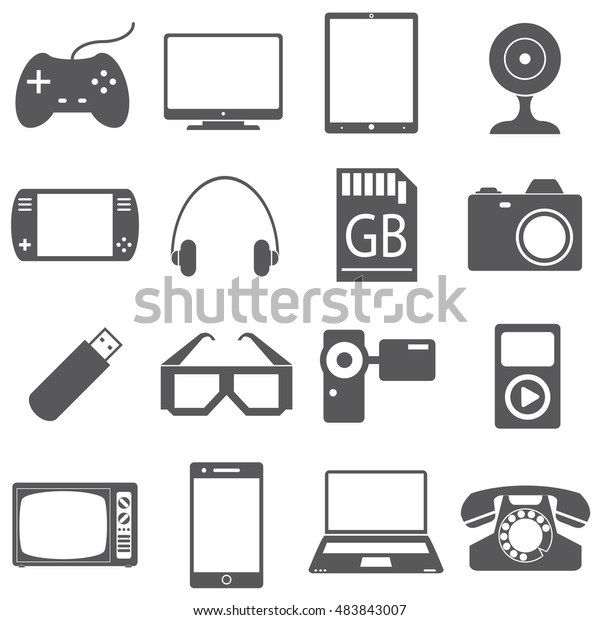 Icons set of gadgets. Joystick, PC,\
tablet, console, headphones, card, memory, camera, glasses, camera,\
player, television, telephone, mobile,\
laptop.