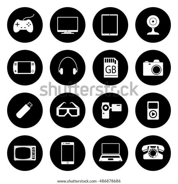 Icons set of gadgets. Joystick, PC,\
tablet, console, headphones, card, memory, camera, glasses, camera,\
player, television, telephone, mobile,\
laptop.